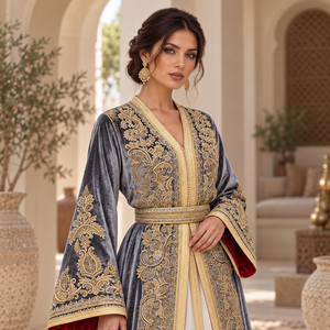 Caftán marroquí de terciopelo color ciruela Mishkat Couture con mangas acampanadas y cinturón dorado a juego, largo MAXI, para fiestas de invierno. - Product Image 1