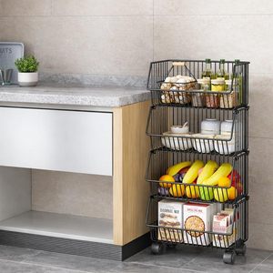 Four Tier <b>Wire</b> Storage <b>Rack</b> With Wheels For Kitchen Food Organization Modern Standing Type Non Folding Metal Basket - Product Image 3