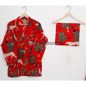 Pyjamas pour femmes faits à la main en Inde, imprimés à la main - Ensemble printemps/été en pur coton 100% de qualité supérieure - Product Image 2