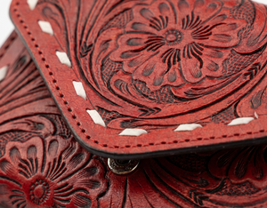 Red Color 100% Genuine Leather Fold <b>Wallet</b> With Embossed Floral Design Hollow Out Pattern Handmade Vintage Women's Short <b>Wallet</b> - Product Image 3