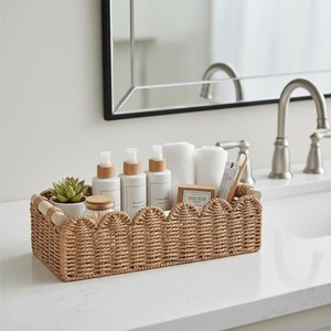 Panier de rangement en jonc de mer tressé avec couvercle festonné, bac de rangement ouvert pour salle de bain, comptoir de cuisine, décoration intérieure - Product Image 5