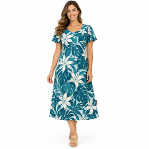 F2WIN Women's Floral Print A-Line Midi Dress Neck Short Sleeve Casual Summer Dress Breathable Polyester Chiffon wholesale - Product Image 1