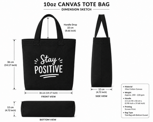 Bolsa de Lona de Algodón Negra AMANI de 10oz, 36x36x12cm, con Estampado 'Stay Positive', Base Reforzada, Asa de 22cm, para Viajes y Compras - Product Image 2