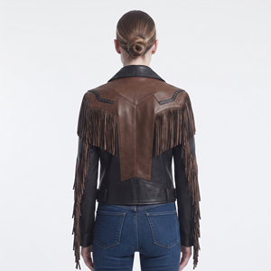 <b>Women's</b> Premium <b>Leather</b> Fringe <b>Jacket</b> with Zipper Closure Turn-Down Collar Breathable & Customizable - Product Image 2