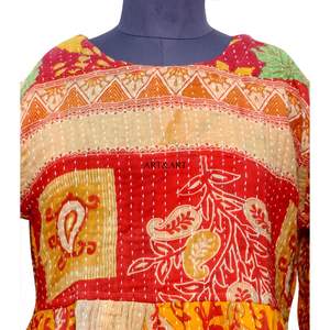 Robe tunique longue style bohème moderne pour femme, coupe trapèze, imprimé sérigraphié, 100% coton kantha, manches trois quarts, naturelle - Product Image 4