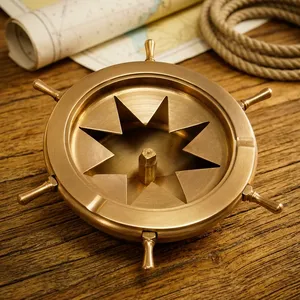 Brass Ship Wheel Cigar <b>Ashtray</b> Star Cutting Design Nautical Decorative Metal <b>Ashtray</b> Vintage Maritime Tabletop Cigar Accessory - Product Image 4