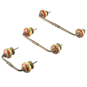 Poignée de meuble vintage en céramique jaune faite à la main avec motif floral rouge pour armoire, tiroir et porte – Vente en gros - Product Image 4