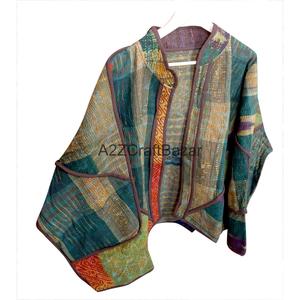 Chaqueta de fiesta india acolchada a mano para mujer, 100% algodón Kantha, con cuello mandarín y estampado Kantha a mano, para todas las estaciones, con ribetes. - Product Image 6
