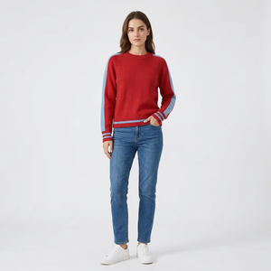 Pull à col rond pour femme, couleur rouge, à blocs de couleur, manches longues, tricoté, décontracté, pour l'automne, 100% acrylique, 280g, personnalisable, marque - Product Image 6