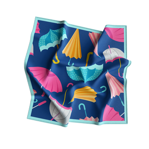 Foulard carré en satin de soie imprimé motif parapluie bleu rose jaune, accessoire de luxe estival pour le quotidien et cadeau - Product Image 1