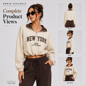 เสื้อสเวตเชิ้ต ONE10 APPARELS รุ่น Brown Quarter Zip คอกลม ผ้าฝ้าย 100% ทรงครอป โลโก้ด้านหน้า ยูนิเซ็กส์ สวมใส่สบาย เหมาะสำหรับฤดูหนาว - Product Image 2