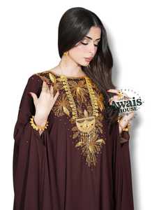 Awais House Women's Maroon Embroidered Beaded Embroidery Polyester <b>Chiffon</b> A-Line Natural Waist Floor-Length Modest V-neck Dress - Product Image 2