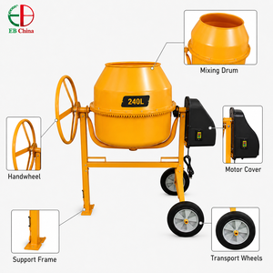 Mezcladora de Concreto Eléctrica Portátil de 240 <span class=keywords><strong>Litros</strong></span> con Marco Bajo, Ruedas de Transporte, Cubierta Lateral del Motor y Descarga Manual para Uso en Obras - Product Image 1