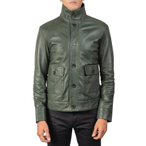 <b>Men</b>’s Dark Olive Green Genuine Leather <b>Field</b> <b>Jacket</b> Stand Collar Multi Pocket Full Zip Premium Casual Outerwear - Product Image 4