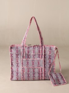 OEM Assorted Purple Striped Floral Quilted Cotton Tote <b>Bag</b> with Pouch - <b>Boho</b> Reusable Shopper - Product Image 5