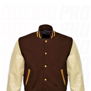 Custom Brown Wool Varsity <b>Jacket</b> with Beige <b>Leather</b> Sleeves Yellow Striped Letterman Baseball Bomber <b>Jacket</b> for <b>Men</b> Wholesale - Product Image 3