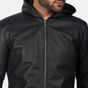 Blouson moto pour homme en cuir véritable noir, à capuche, fermeture éclair sur le devant, coupe classique, pour l'hiver, col montant, imperméable et coupe-vent - Product Image 6