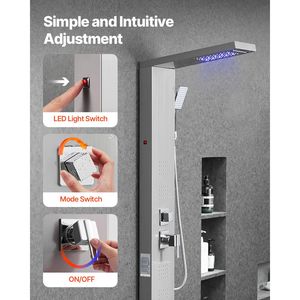 Colonne de douche en acier inoxydable brossé 53, système de colonne à 5 fonctions, pommeau de douche pluie et cascade, LED, accessoires pour salle de bain - Product Image 6