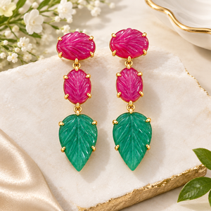 Pendientes Colgantes de Moda con Diseño de Hoja Tallada, de Jade Rosa y Verde Natural, Chapados en Oro de 18k, de Latón Antideslustre, Románticos para Fiesta - Product Image 5