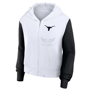 Sudadera con capucha y cremallera completa recortada para mujer de la Universidad de Texas Longhorns personalizable de alta calidad, forro de escritura de bloque de Color sólido blanco - Product Image 1