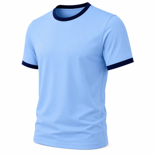 Camiseta de Manga Corta Azul Claro para Hombre con Ribete en Contraste Azul Marino, Corte Regular, Estilo Casual, Cuello Redondo, Color Sólido, Diseño Personalizado - Product Image 4