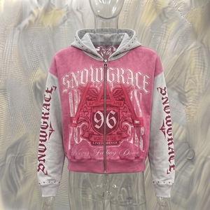 Snowgrace Hooded Zip-Up <b>Sweatshirt</b> <b>Pink</b> White Oversized Crop Fit Streetwear Unisex Print Front Logo - Product Image 3