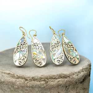 Vintage Gold Plated Teardrop Earrings With <b>Shell</b> Inlay Hollow Design Women's Drop Earrings - Product Image 1