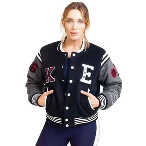 New Top Trending Custom Women's Wool Varsity <b>Jacket</b> Breathable Windproof Crop Flocking Wholesale Woven Winter Clothing - Product Image 1