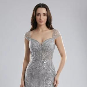 Vestido de Noche de Lujo Plateado Estilo Sirena con Cuentas Pesadas, Lentejuelas y Cristales, Vestido de Fiesta de Boda con Manga Casquillo y Espalda Abierta, Vestidos Formales de Gala - Product Image 1