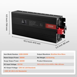 Inverter di Potenza a Onda Sinusoidale Modificata da 3000 Watt con Display LCD, da DC 12V a AC 120V, 3 Prese AC, 2 USB, 1 Porta Type-C, Ingresso 240V, Uscita 60Hz - Product Image 3