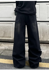 Black Wide Leg Ripped Denim Casual <b>Jeans</b> Pants High Waist Loose Fit Distressed Streetwear Cotton <b>Men</b> s Autumn - Product Image 2