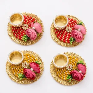 Handmade Round <b>Tea</b> <b>Light</b> <b>Holder</b> with Red Yellow Floral Design for Thanksgiving Christmas Home Decoration AARNA COLLECTION Luxury - Product Image 5