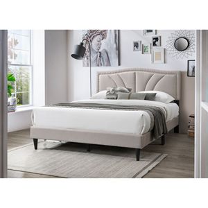 โครงเตียงควีนไซส์สไตล์โมเดิร์นวินเทจ 1 ชิ้น ผ้ากระสอบสีน้ำตาลอ่อน พร้อมตกแต่งขอบด้วยหมุดหัวเหล็ก หัวเตียงหุ้มเบาะ - Product Image 4