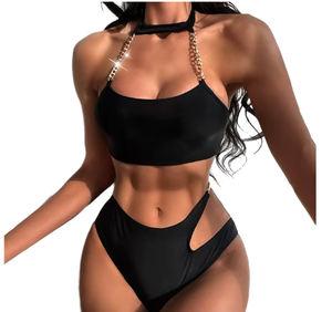Traje de Baño Bikini de Dos Piezas con Cadena Metálica y Cuello Halter, Diseño Personalizado OEM para Mujer, Cintura Alta, Corte Sexy - Product Image 3