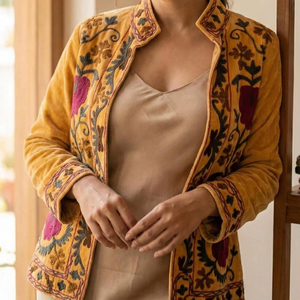 Veste en velours brodée Suzani pour femme, manches longues, style kimono ouvert sur le devant, travail au fil de soie, tenue de soirée - Product Image 1