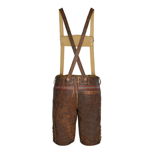 Premium Quality <b>Mens</b> Vintage <b>Brown</b> Leather Lederhosen <b>Shorts</b> with Cross Back Suspenders Criss Cross Lacing and Embroidery - Product Image 2