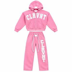 CLRVT <b>Pink</b> Hooded <b>Tracksuit</b> <b>Set</b> Unisex Full Length Drawstring Sweatshirt Sweatpants Letter Print Casual Sportswear High Street - Product Image 1