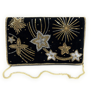 Pochette perlée Starburst noire faite à la main or argent paillettes pliable sac à main de soirée sac cadeau de mariée sangle de chaîne Durable - Product Image 1