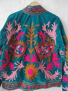Women Boho Teal Velvet Embroidered <b>Jacket</b> Floral Pattern Premium Festival Wear <b>Short</b> <b>Jacket</b> - Product Image 3