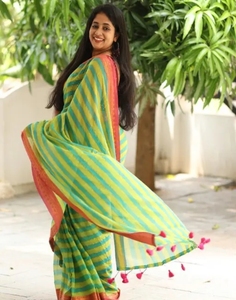 Sari rayé en coton Khadi pour femmes KV - Product Image 4