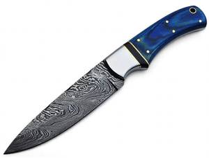 Herramienta utilitaria de acero damasco con patrón de gotas de lluvia hecha a mano, mango de madera teñida de azul, refuerzo de acero inoxidable. - Product Image 5