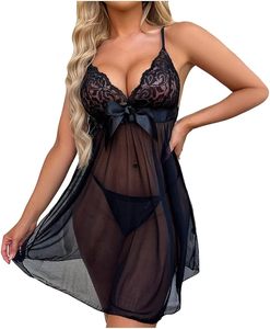 Women <b>Sexy</b> Lingerie <b>Set</b> Sheer Mesh Lace Bra Top With High Slit Skirt Black Two Piece Sleepwear Nightwear - Product Image 5