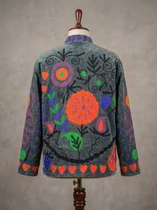 Blazer de Terciopelo Gris Crudo Bordado con Cuello Mao, Manga Larga, Estampado Floral, Cortavientos, Ropa de Invierno para Mujer - Product Image 2