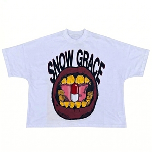 เสื้อยืดสีขาวโอเวอร์ไซส์ Snow Grace ลายพิมพ์ปาก สตรีทแวร์ แขนสั้น ผ้าคอตตอนเจอร์ซีย์ คอกลม สำหรับผู้ชาย - Product Image 1