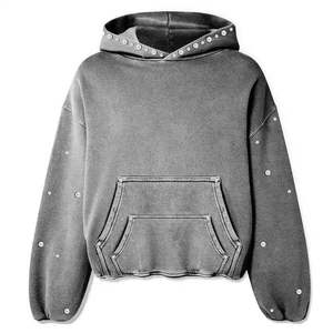 Sweat à capuche unisexe personnalisé, décontracté, automne, streetwear ODM, vintage, délavé à l'acide, avec poches, coupe longue et ample, en molleton 100% coton, orné de strass et de perles - Product Image 2
