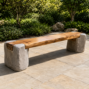 Banc de jardin en bois rustique avec assise en planches naturelles et pieds style pierre pour terrasse extérieure, pelouse, parc et sièges publics - Product Image 2