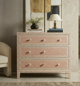 Commode traditionnelle en bois massif avec incrustations en os, meuble de rangement à motifs roses pour salon - Product Image 1