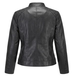 Women's Black <b>Leather</b> Bomber <b>Jacket</b> Crew Neck Quilted Shoulder Panels Front Zipper Zip Pockets Cotton Quick Dry Breathable - Product Image 4