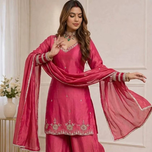 Versatile Georgette Silk Faux <b>Fur</b> Embroidered Multi Color Reversible Unstitched Women's Pakistani Ethnic Salwar Kameez Office - Product Image 1