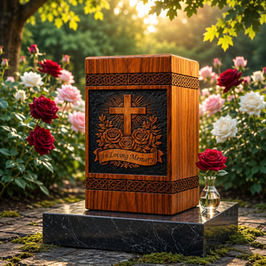 Urna Funeraria de Madera Marrón Estilo Europeo con Rosas y Cruz, Diseño Personalizable en Memoria de un Ser Querido - Product Image 2